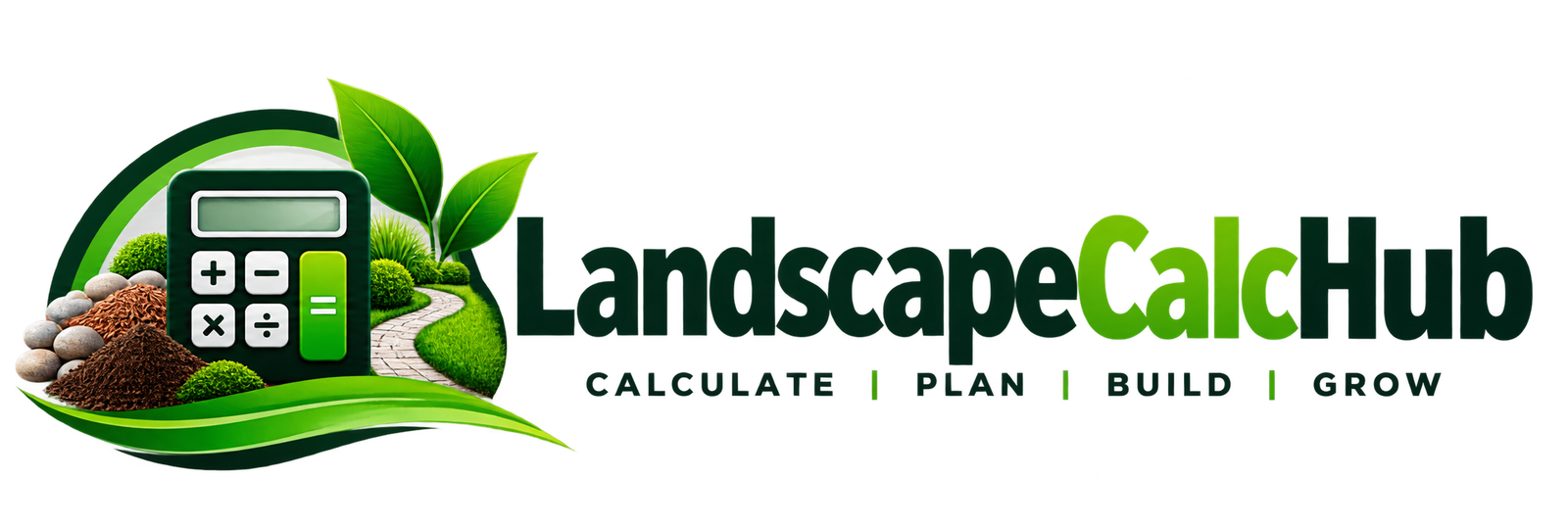 landscapeCalcHub logo - Green Calculator with leaves and landscaping Materials